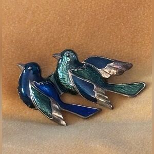 Elegant Vintage Blue and Green Bird Brooch Pin